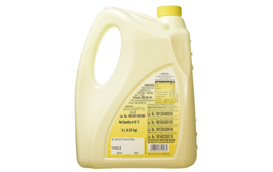 Dhara Health Refined Sunflower Oil   Plastic Jar  5 litre